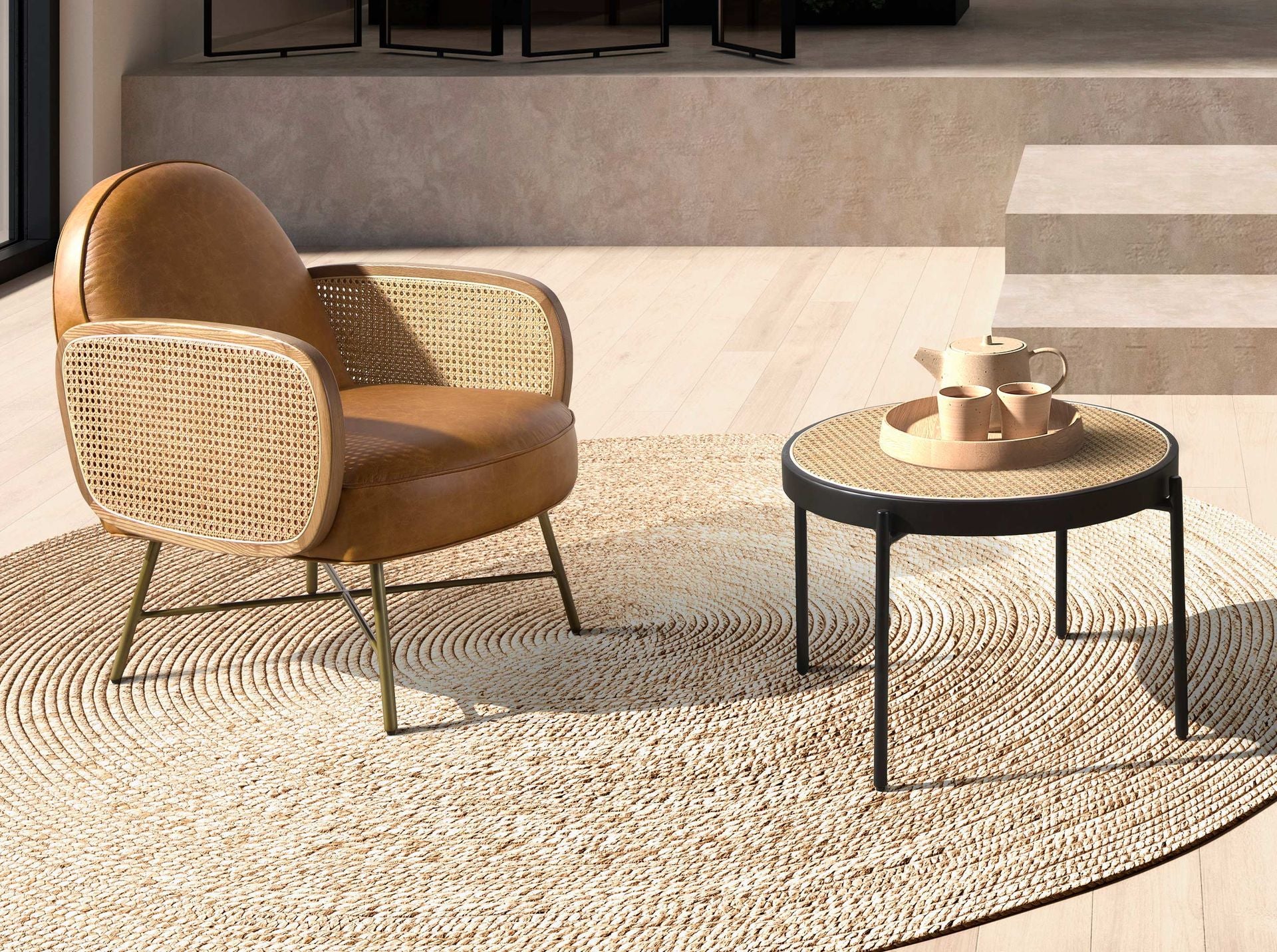 Tavolino rotondo in rattan, legno nero e acciaio nero