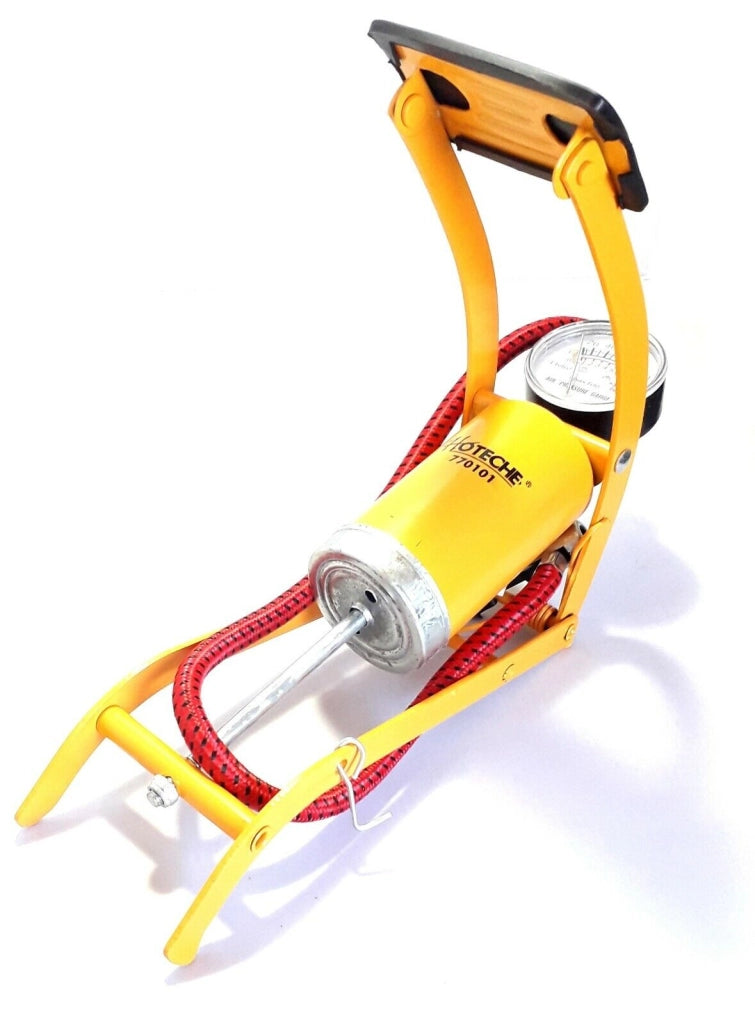 GONFIATORE RUOTE AUTO MOTO BICI POMPA A PEDALE MANOMETRO 1 CILINDRO 7 BAR