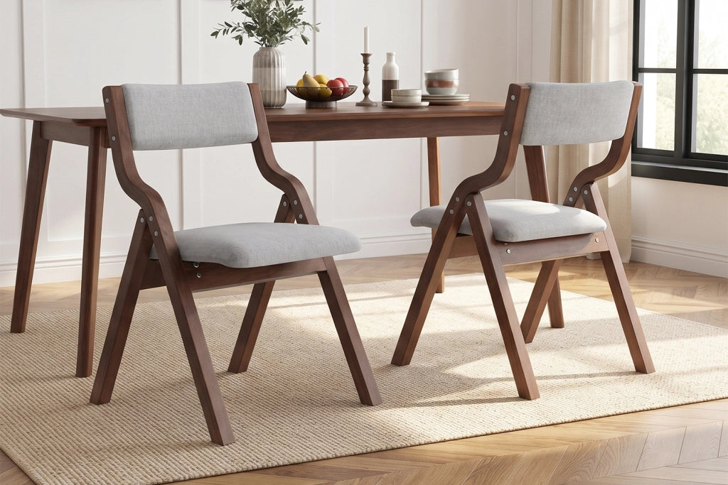 Set di 2 sedie da pranzo pieghevoli in legno massiccio, rivestimento in lino grigio, seduta imbottita, salvaspazio, pronte all’uso
