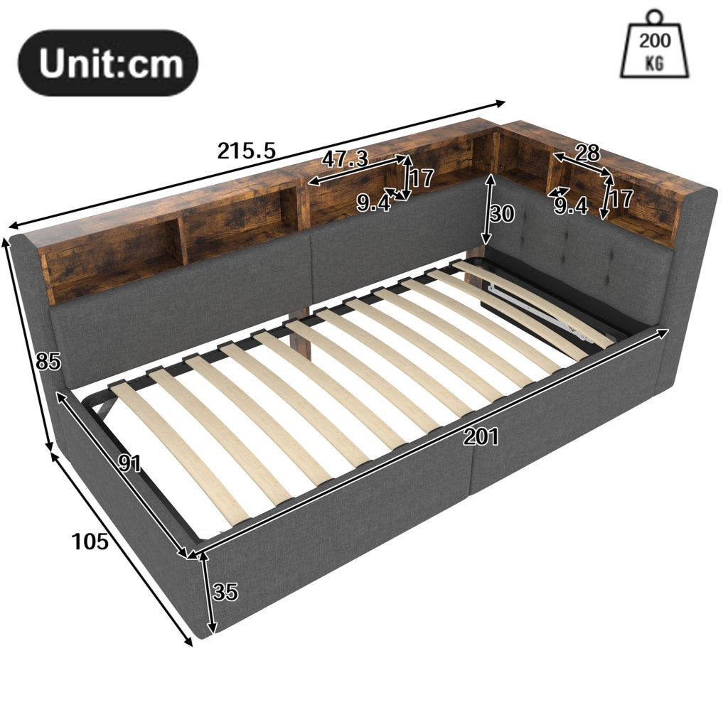 Letto da giorno 90x200 cm grigio con LED, USB e vano idraulico