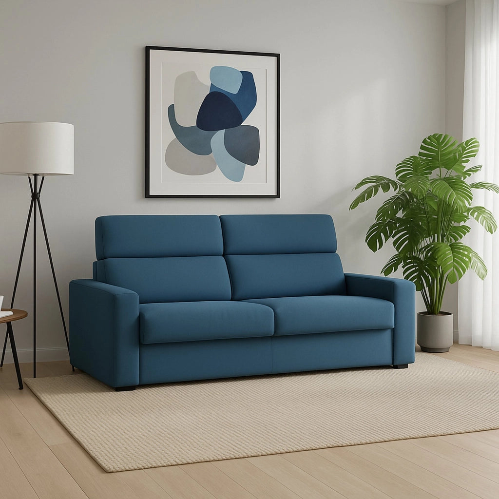 Ozegna, Divano Fisso 3 Posti Sfoderabile Made in Italy, 220x95 cm blu
