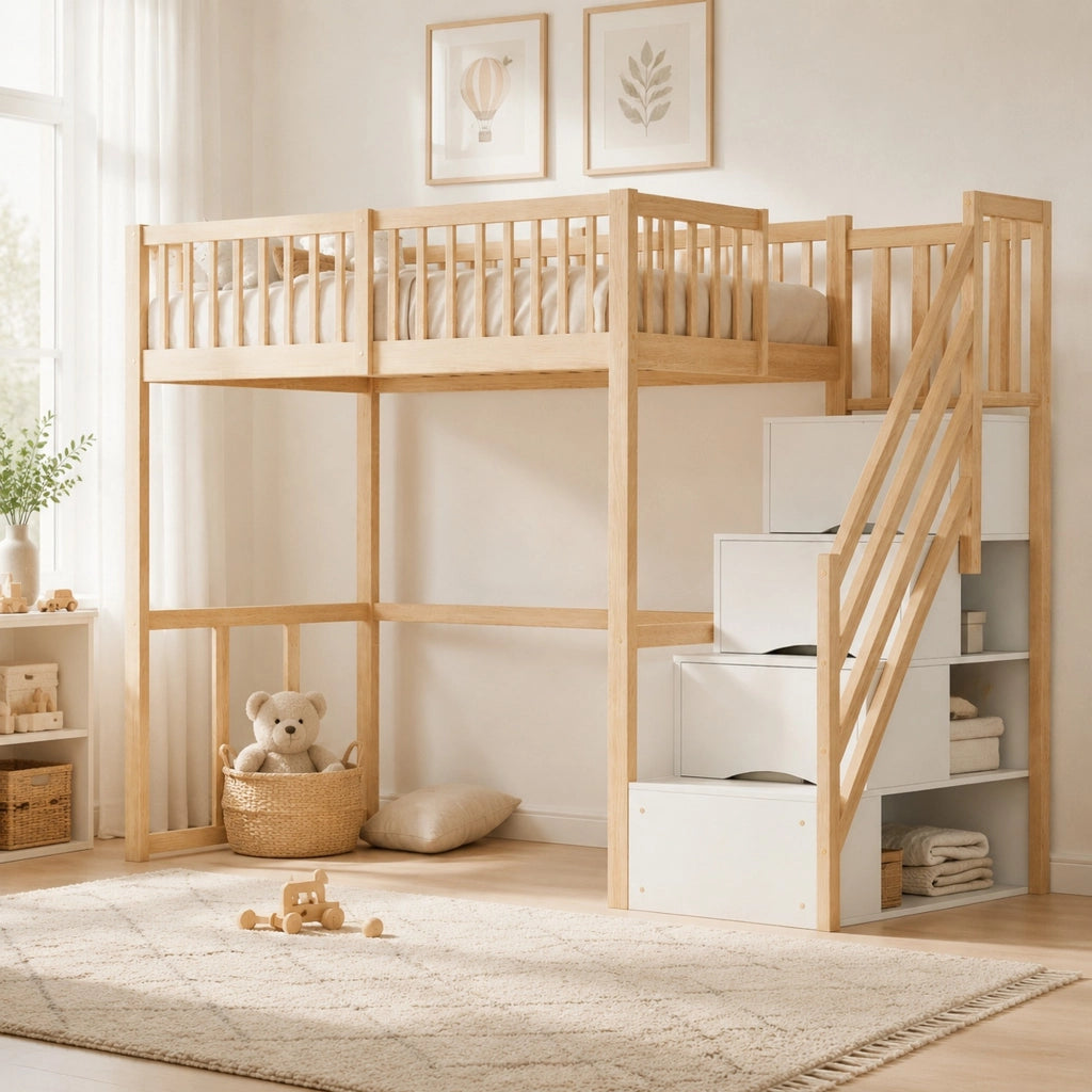 Letto a soppalco 90x200 cm in legno naturale con scala contenitore