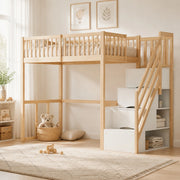 Letto a soppalco 90x200 cm in legno naturale con scala contenitore