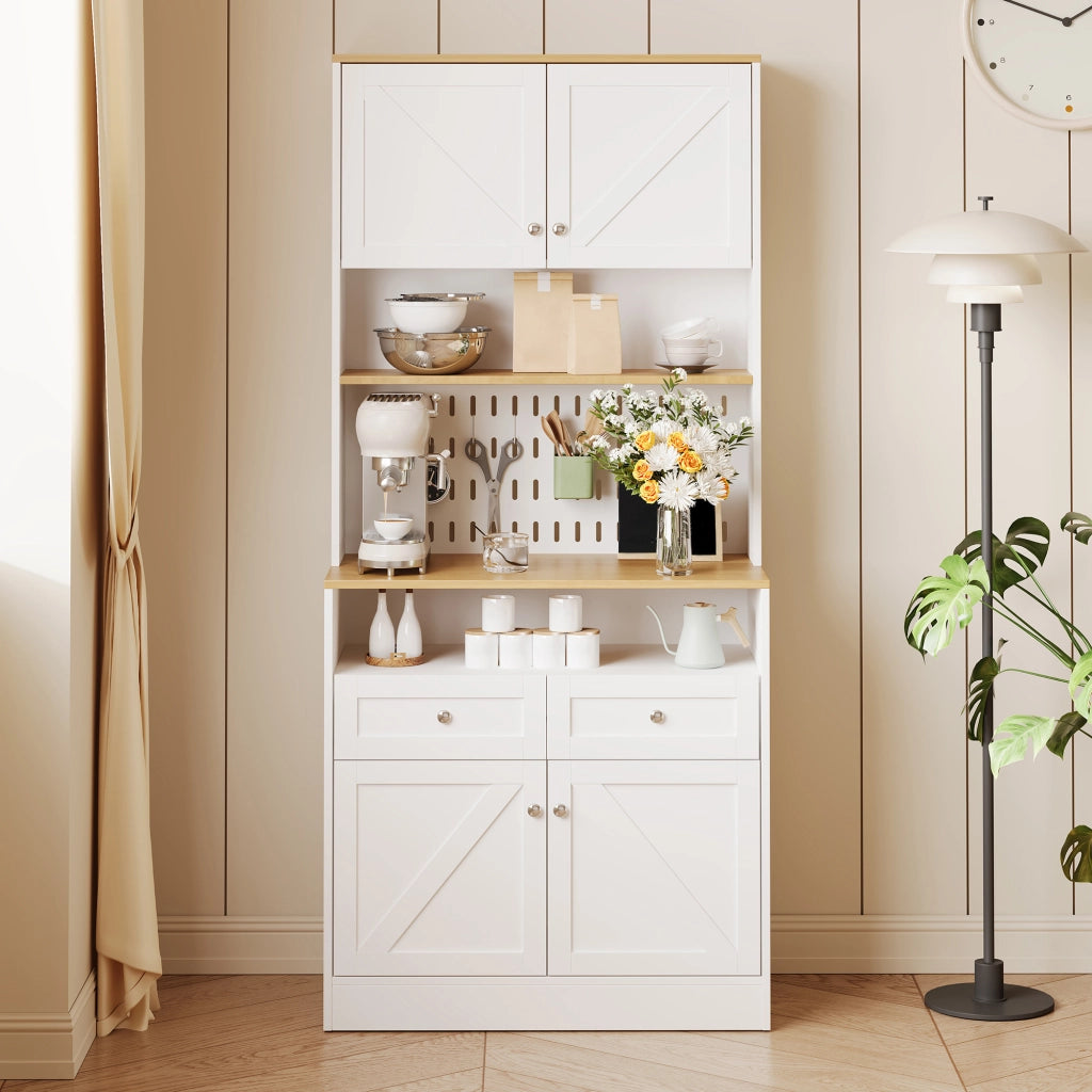 Credenza con ante a granaio e pannello forato, 2 cassetti e ripiani, cucina e sala da pranzo bianco e legno 80 × 40 × 175 cm