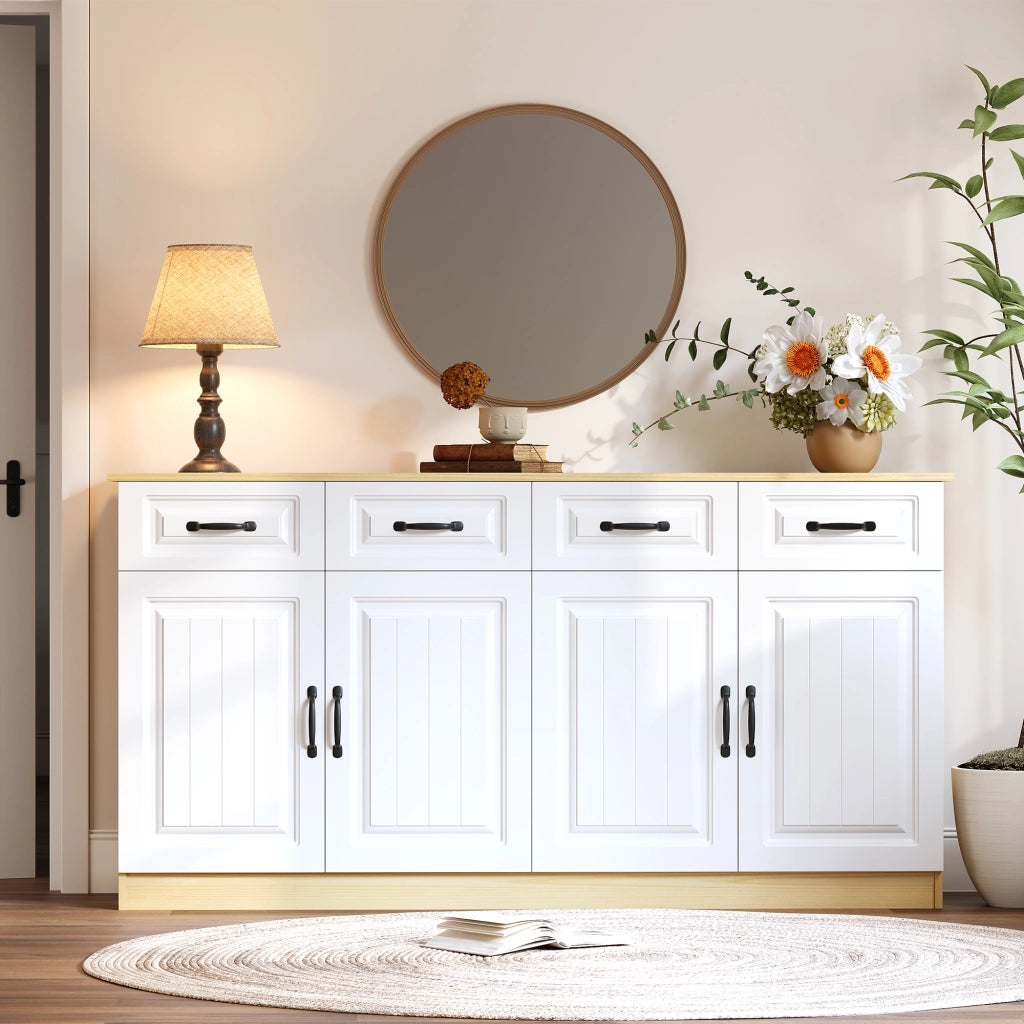 Sideboard moderno 160x35x80 cm in MDF bianco con 4 cassetti; 4 ante e 2 ripiani