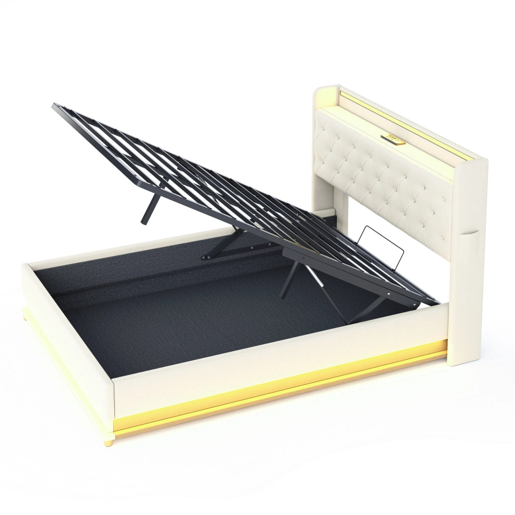 Letto imbottito LED 140x200 cm con porta USB; contenitore idraulico e tessuto effetto lino beige