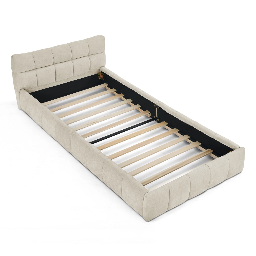 Letto Singolo 90x200 cm in Chenille; con Trapuntatura Quadrata; in Legno e Ferro; Beige