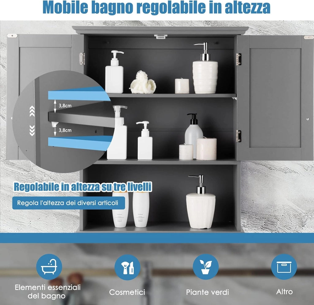 Mobiletto Pensile da Bagno, Mobile Armadietto Bagno sospeso con 2 Porte, Armadietto a Muro delle Medicine, Mensola Regolabile, Capacità di 30 kg (Grigio)