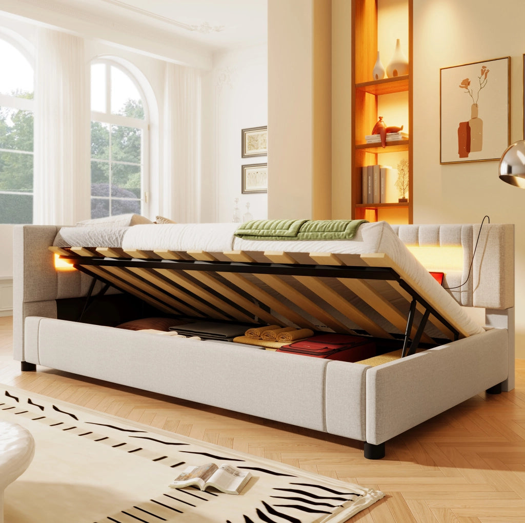 Letto da giorno 90x200 cm con LED; contenitore idraulico; USB e Type-C in lino beige