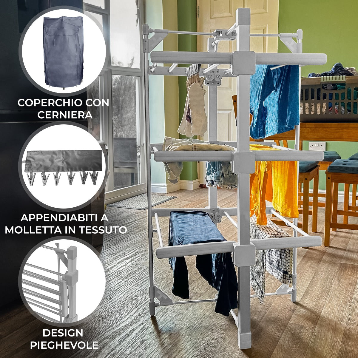 Asciugabiancheria elettrico riscaldato con copertura a 3 livelli Rack asciugabiancheria per interni Pieghevole