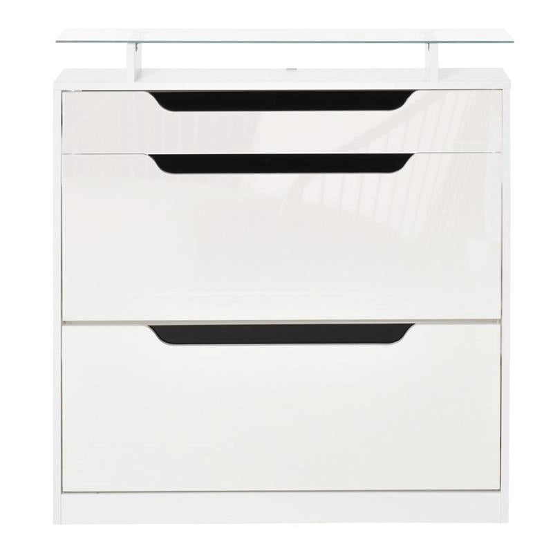 SCARPIERA MODERNA, 2 CASSETTI PER 16 SCARPE CON MENSOLA REGOLABILE E RIPIANO IN VETRO, 89X23X96CM, BIANCO LUCIDO