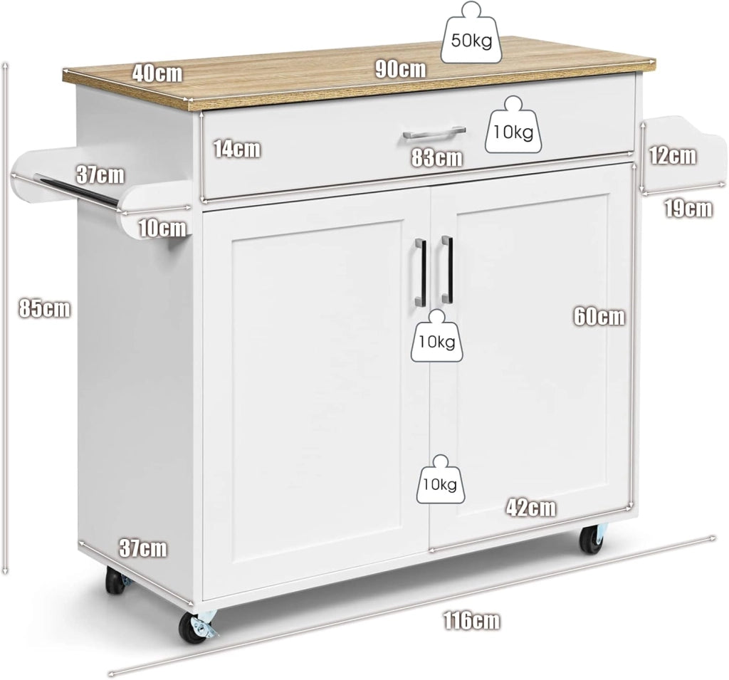 Carrello da Cucina, Credenza Mobile con Cassetto, Anta Doppia, Portaspezie e Portasciugamano, Ripiani Regolabili, Ruote con Freni, Portata di 50 kg, 116x40x85 cm, 4 Colori (bianco)