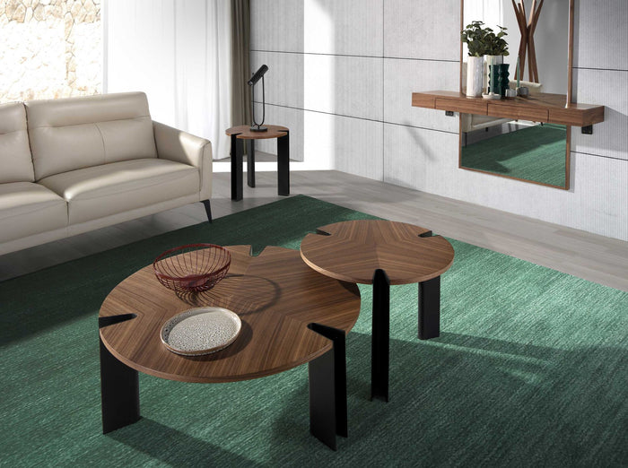 Tavolino rotondo in noce e acciaio nero