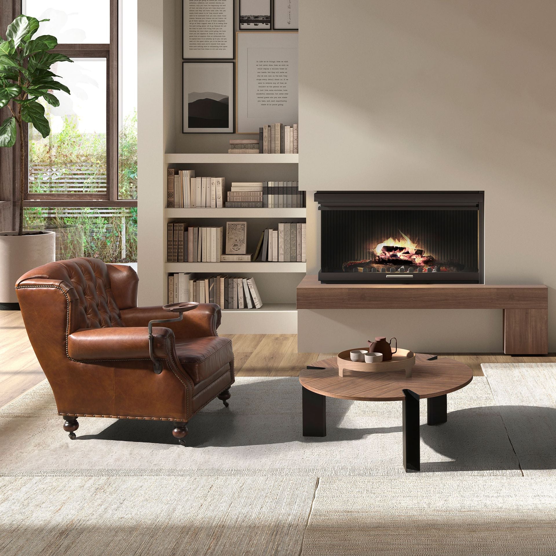 Tavolino rotondo in noce e acciaio nero