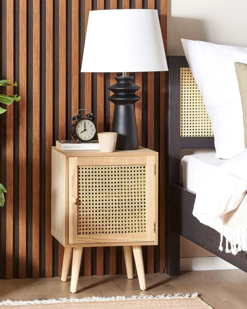 Comodino impiallacciato MDF Paulownia chiaro con cassetto frontale in rattan Comodino in stile Boho