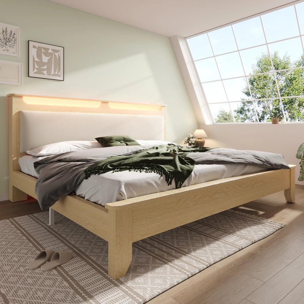 LETTO matrimoniale 160x200 cm con testiera contenitore LED rovere chiaro e beige