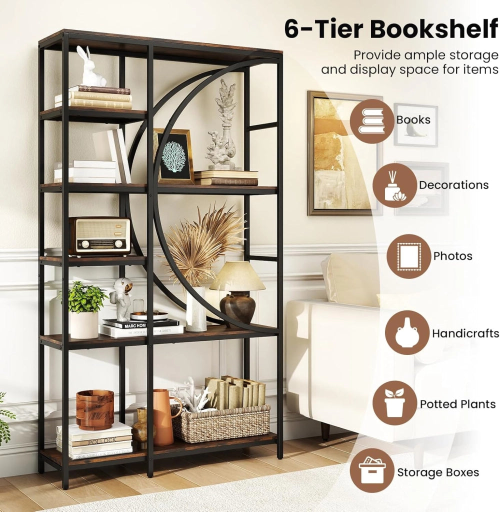 Libreria a Mezza Luna a 6 Livelli, 100 x 30 x 177 cm, con Struttura in Metallo e Ripiani Aperti, per Soggiorno e Ufficio