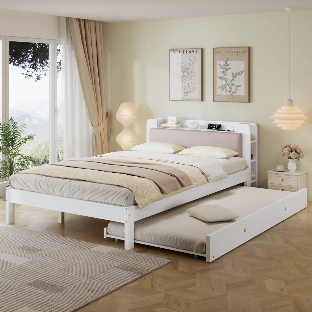 Letto Estraibile 120x200 cm; Letto 2 Posti con Stazione di Ricarica e Mensole - Bianco