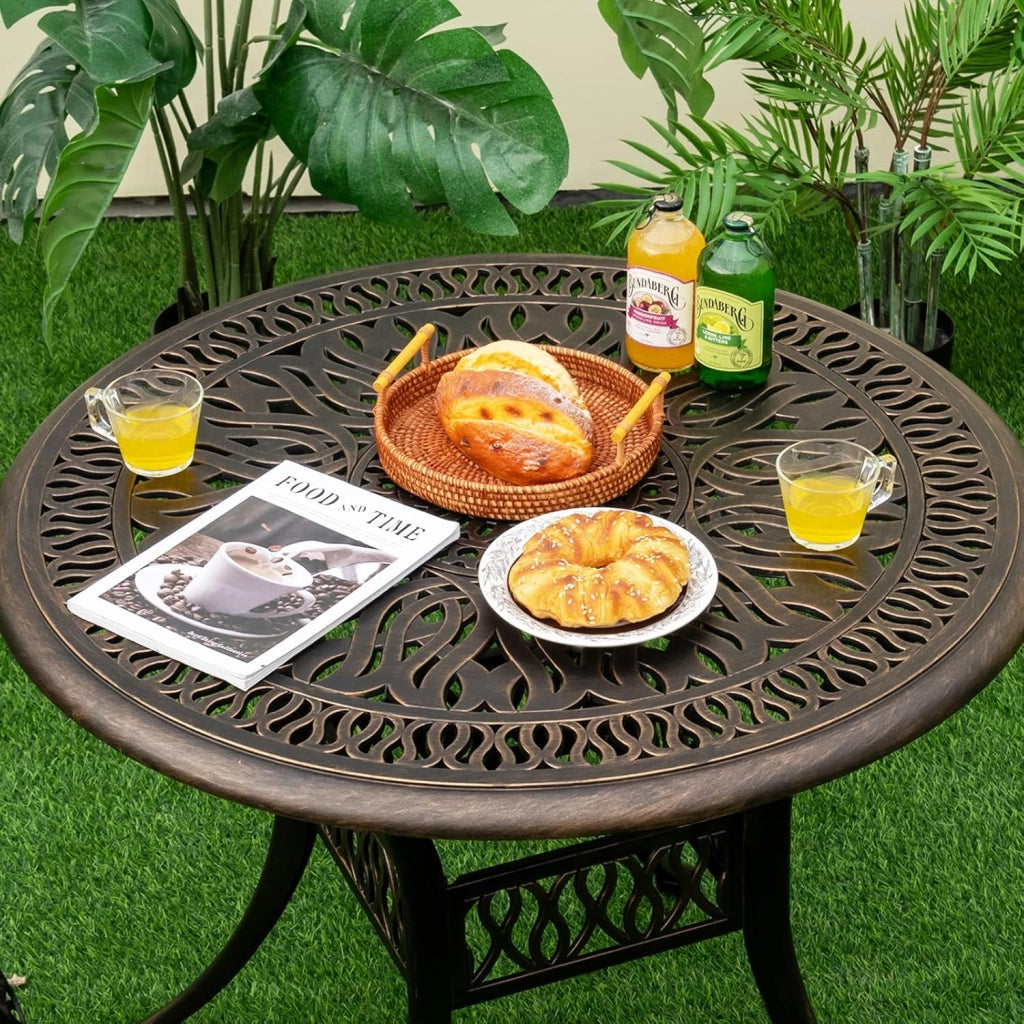 Tavolo Bistrò Rotondo da Giardino e Balcone, φ90 cm, con Foro per Ombrellone φ5 cm, Tavolino da Caffè in Metallo Resistente alle Intemperie, Colore Bronzo