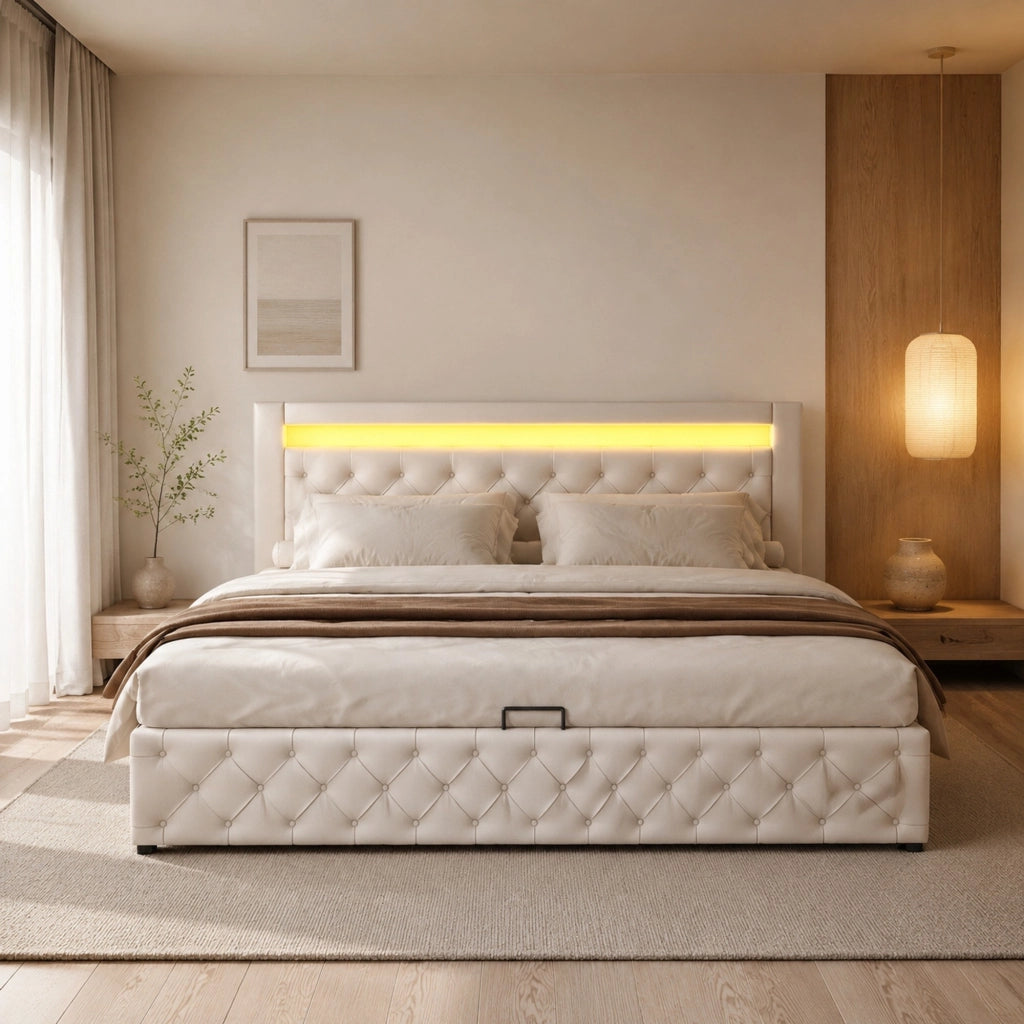 Letto imbottito 140x190 cm con contenitore; rete a doghe; LED; PU bianco