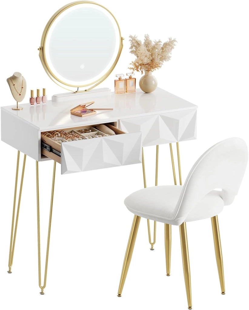 EUGAD Toeletta da Trucco con Luci LED, Luminosità Regolabile, Postazione da Trucco con Sedia in Velluto, con 2 Cassetti, Assemblaggio facile, Bianco e Dorato