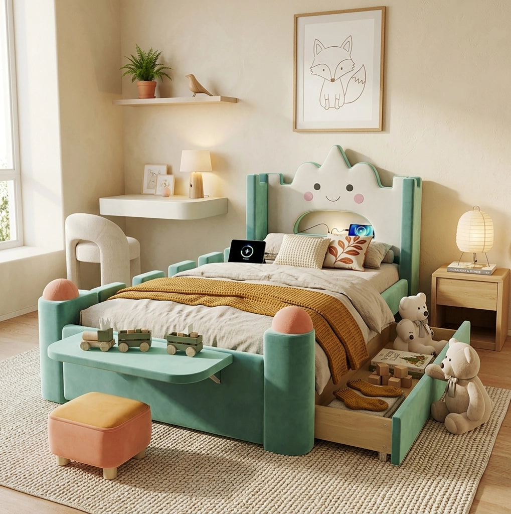 Letto imbottito per bambini 90x200 cm con LED, USB e cassetto