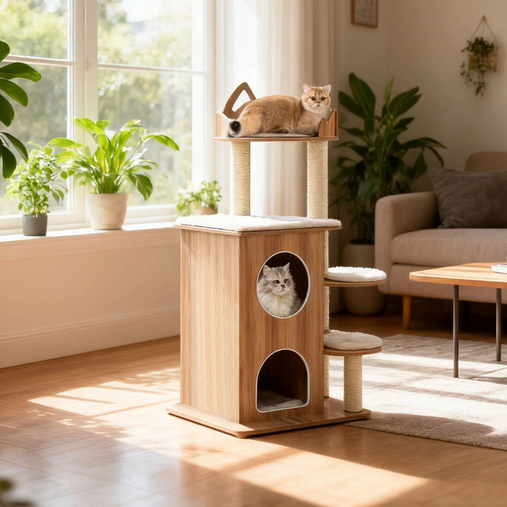 Albero per gatti in legno condominio 2 piani 3 piattaforme con cuscin-Torre per gatti piattaforma testa di gatto posti grattare sisal