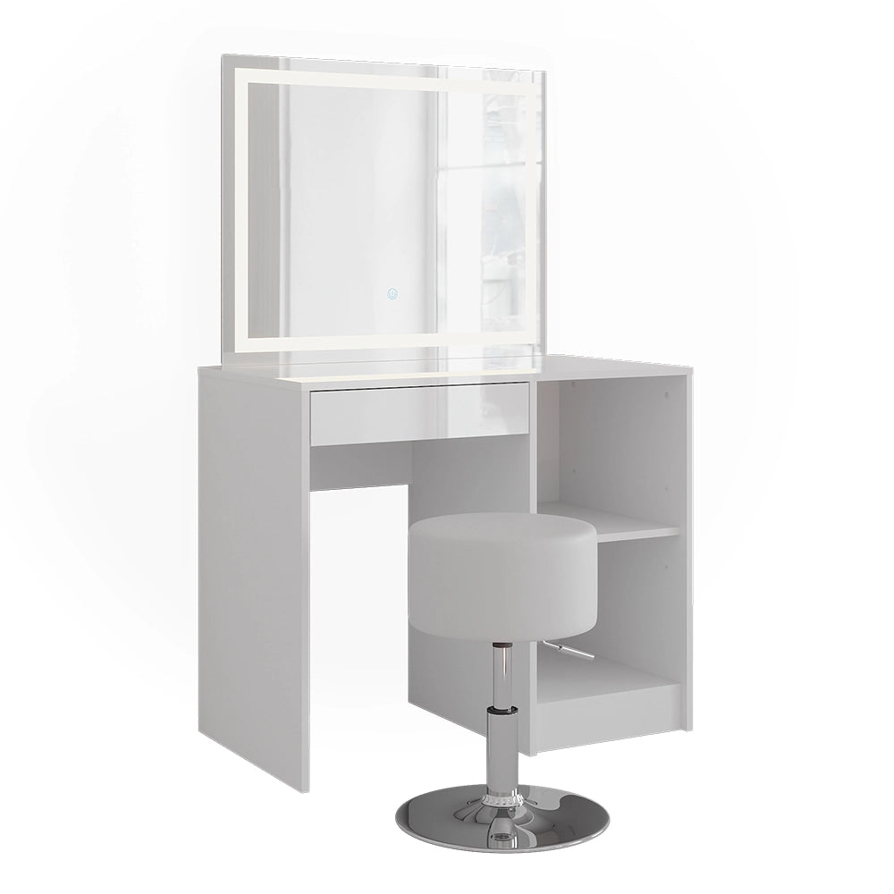 Vicco Tavolo da toeletta Bianco/bianco lucido 89.8 cm con specchio LED e sgabello