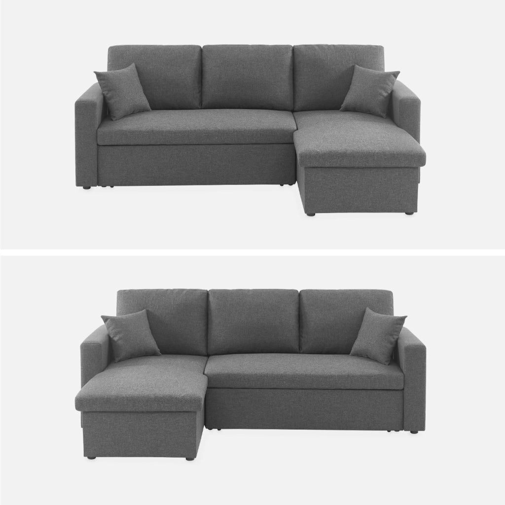Divano letto angolare reversibile con contenitore, 3 posti, grigio