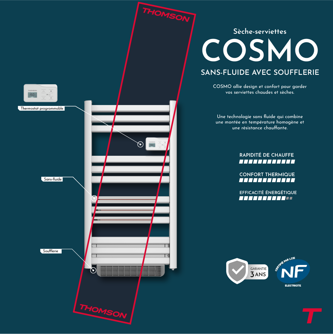 Scaldasalviette elettrico Thomson senza fluido, connesso WiFi, con ventola 500 + 1000W, cosmo