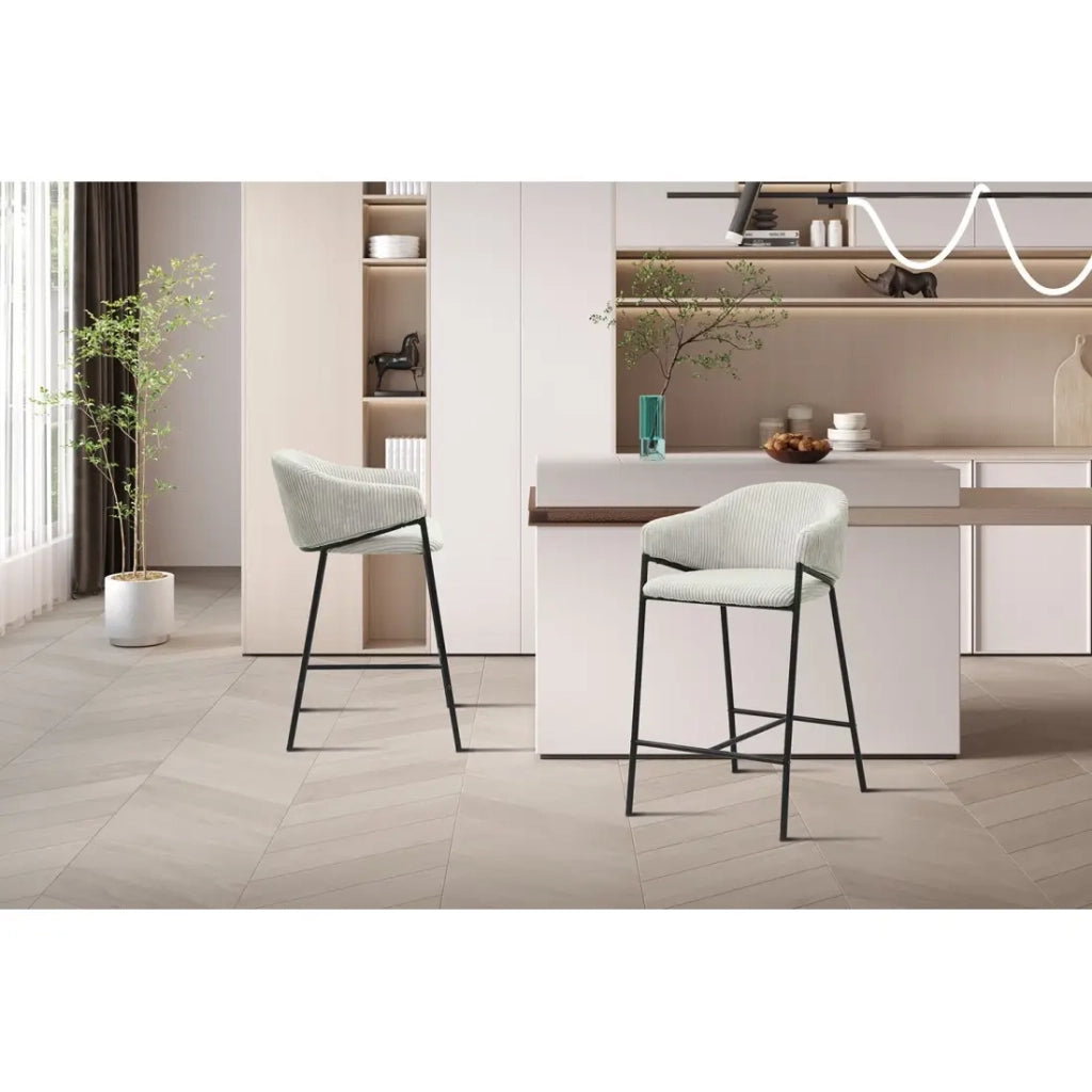Sedia da bancone IMANY – Velluto a coste grigio chiaro – Con braccioli – Piedi in metallo nero – Stile design/industriale