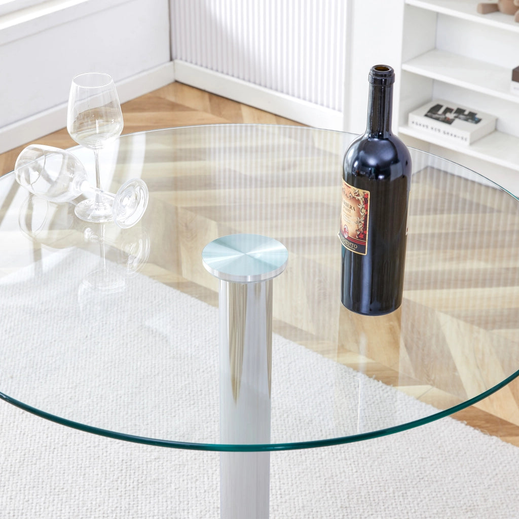 Tavolo Bar in Vetro Temperato con 2 Sgabelli ¨C MINIMAL ¨C Rotondo 89 cm, Gambe Bianche, Altezza Regolabile