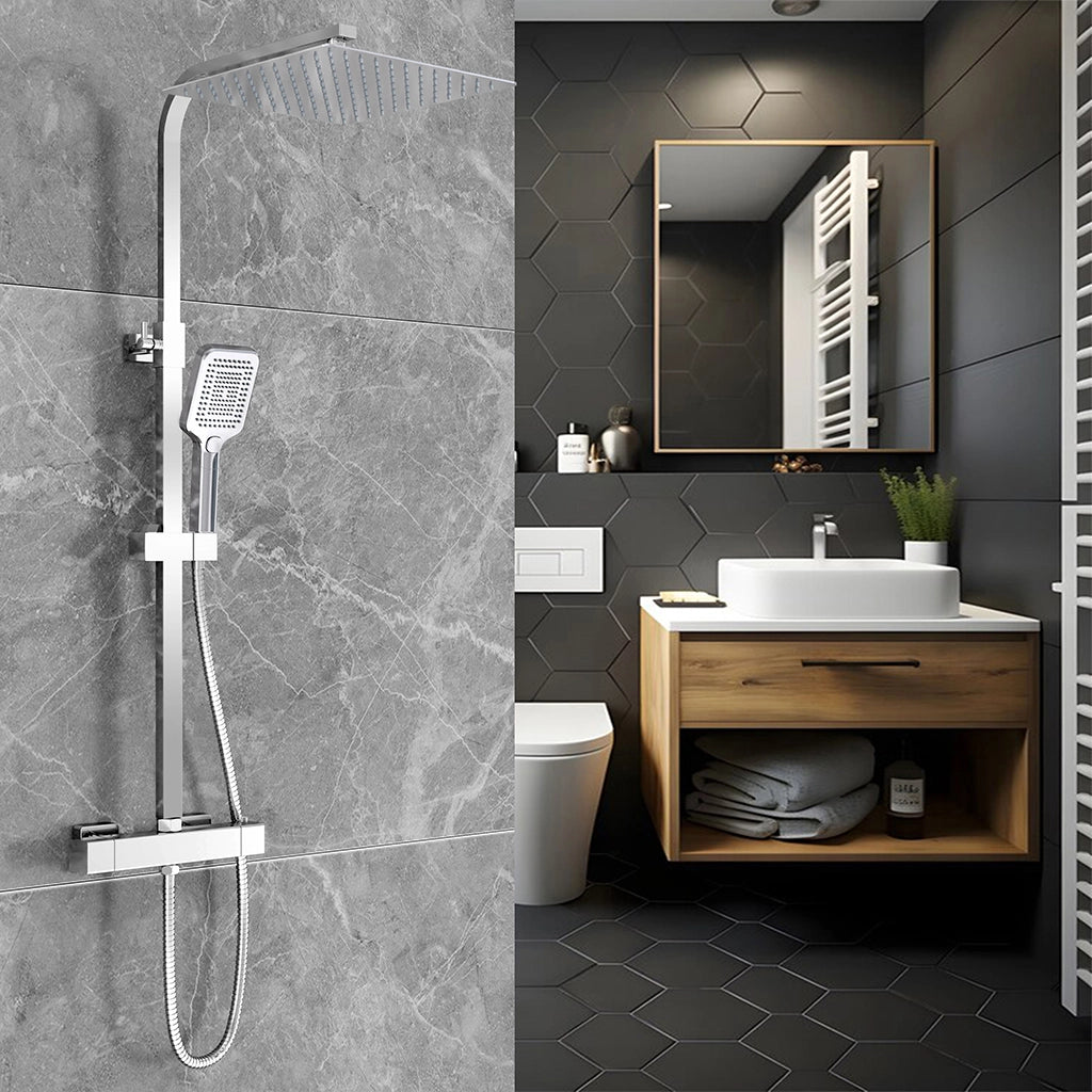 Miscelatore termostatico doccia con soffione 30x30cm e doccetta 25x10cm, colonna doccia rettangolare cromo