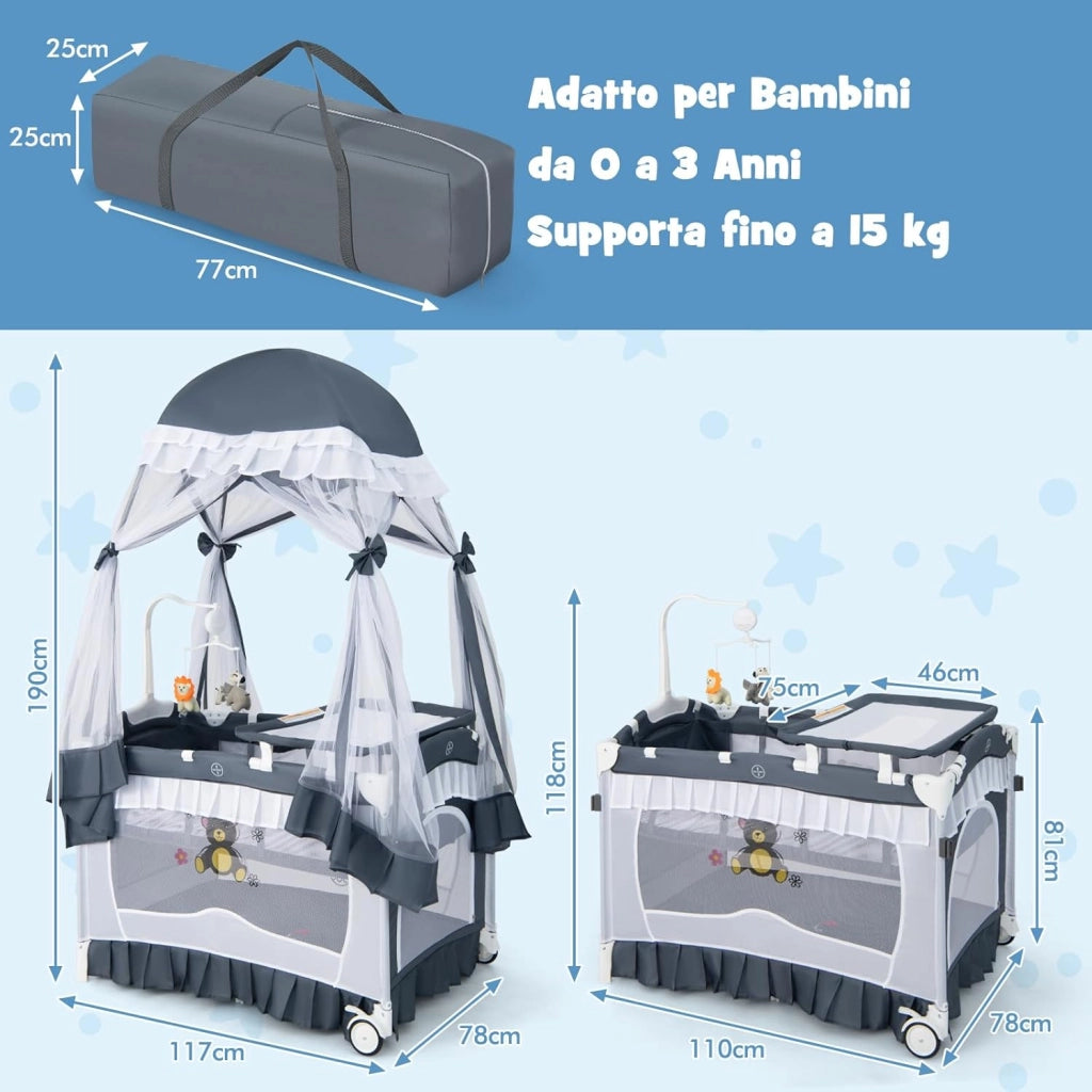 Lettino da Campeggio per Bambini, Culla Pieghevole con Fasciatoio Zanzariera, Box Neonati con Giocattoli, Ruote, per Bambini 0-36 Mesi (Grigio)
