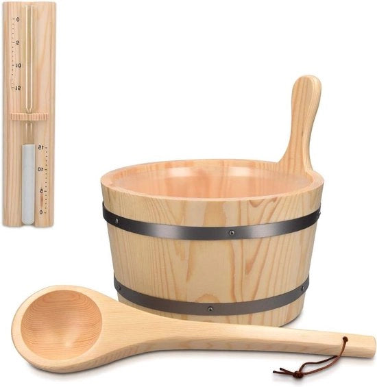 Accessori per sauna completo - Set di getti per sauna con cucchiaio e orologio a sabbia - Set di modelli in legno di pino - Diametro 275 cm - Legno di pino