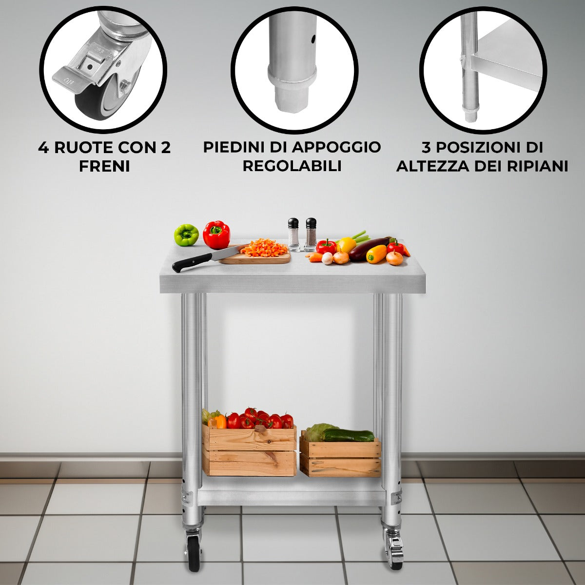 Banco di lavoro per ristorazione Tavolo in acciaio inox per la preparazione degli alimenti Cucina mobile 60cm x 30cm x 80cm