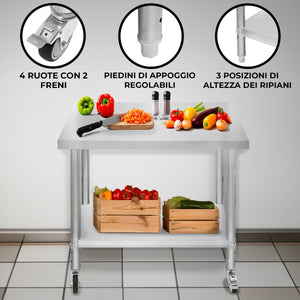 Banco di lavoro per ristorazione Tavolo in acciaio inox per la preparazione degli alimenti Cucina mobile 60cm x 90cm x 86cm