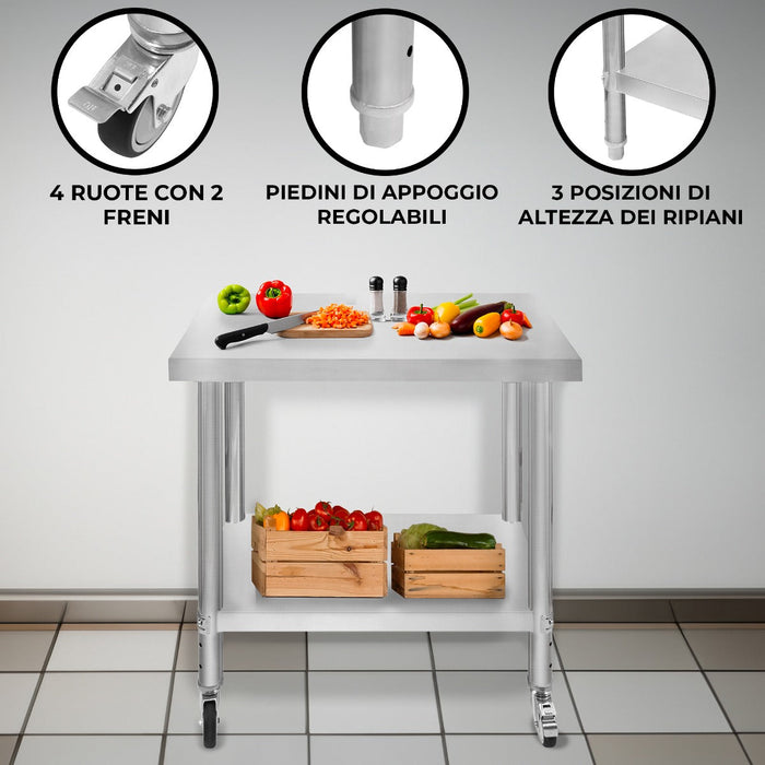 Banco di lavoro per ristorazione Tavolo in acciaio inox per la preparazione degli alimenti Cucina mobile 76cm x 45cm x 86cm