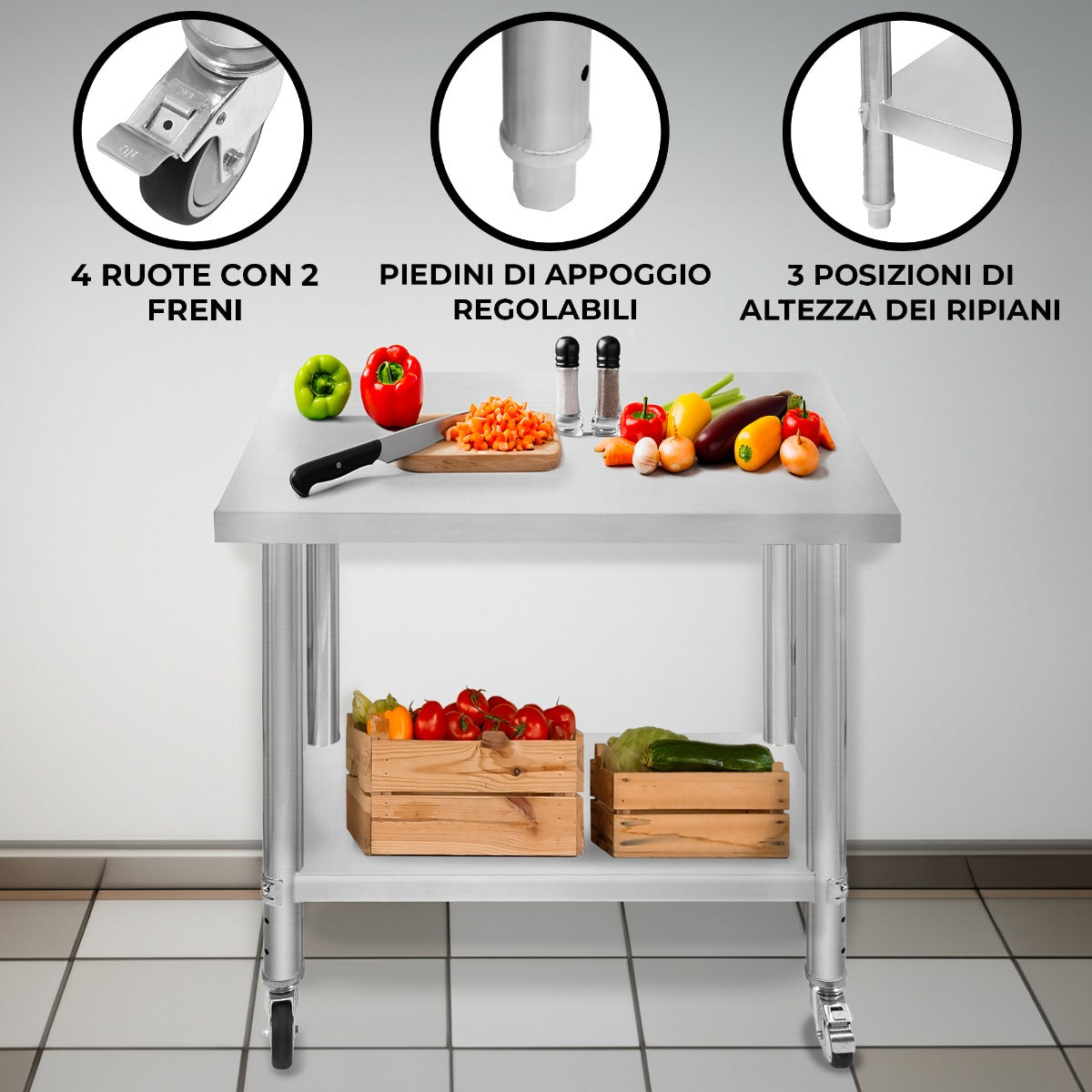Banco di lavoro per ristorazione Tavolo in acciaio inox per la preparazione degli alimenti Cucina mobile 76cm x 90cm x 86cm
