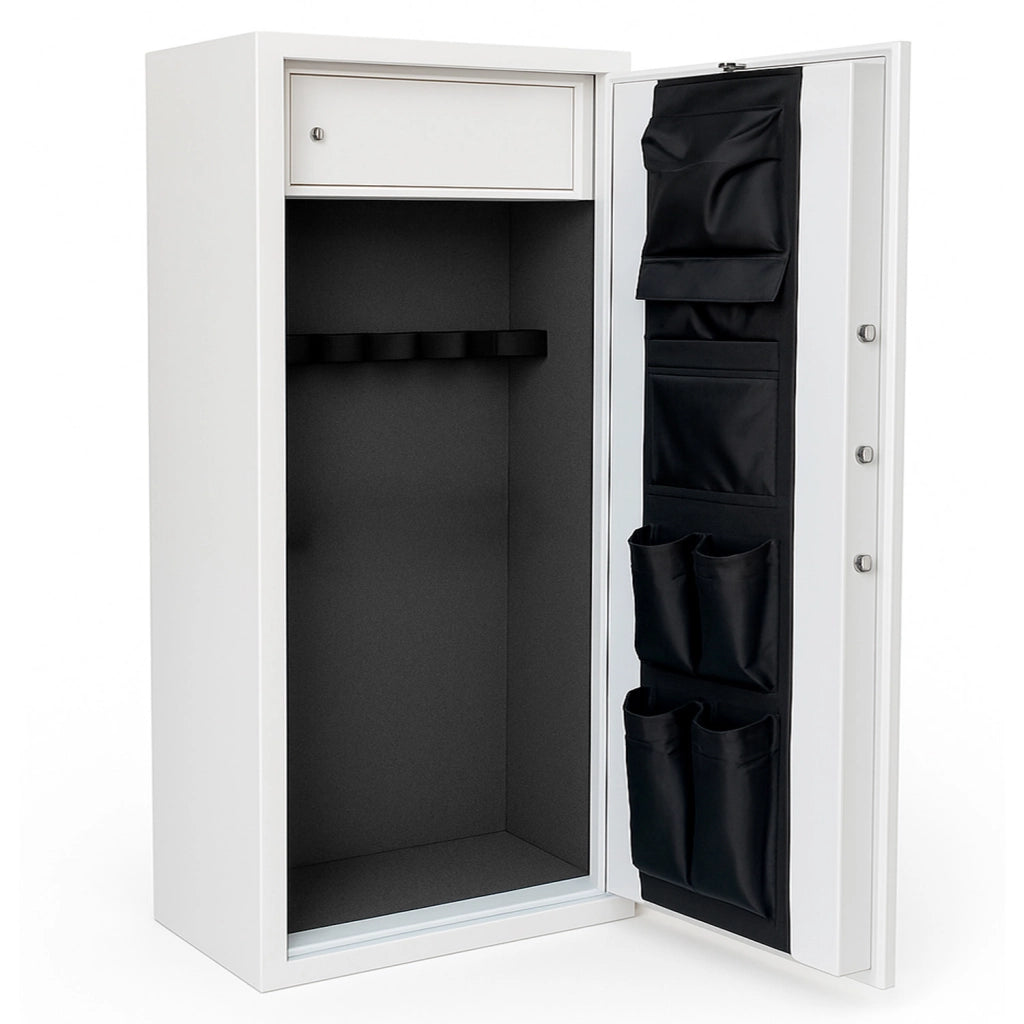 Fuciliera Blindata In Acciaio Con Serratura Digitale E Chiave Armadio Per Armi Cassaforte Sicura Tasca Porta Oggetti 10 Posti 148x53.5x32 Cm Bianco Frassinato