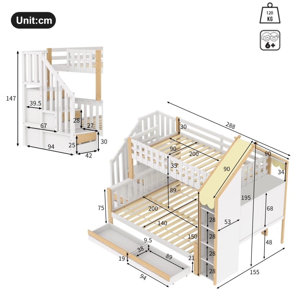 Letto a castello 90×200 cm e 140×200 cm con scala contenitore; barriera e 2 cassetti; senza materasso