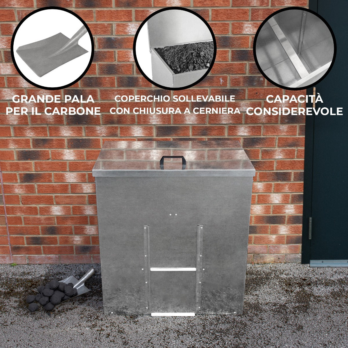 Bidone per il carbone - legna 250 kg in acciaio zincato Metallo antiruggine e anti roditore Porta legna