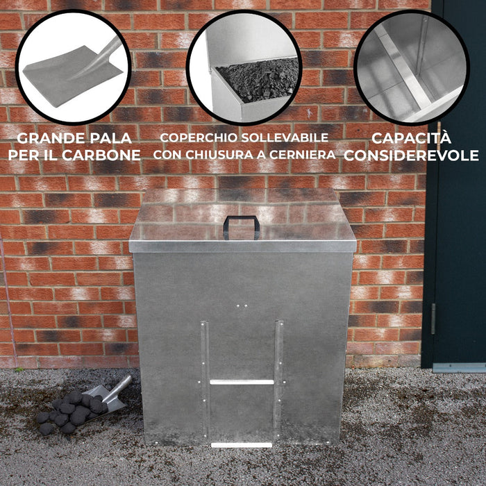 Bidone per il carbone - legna 350 kg in acciaio zincato Metallo antiruggine e anti roditore Porta legna