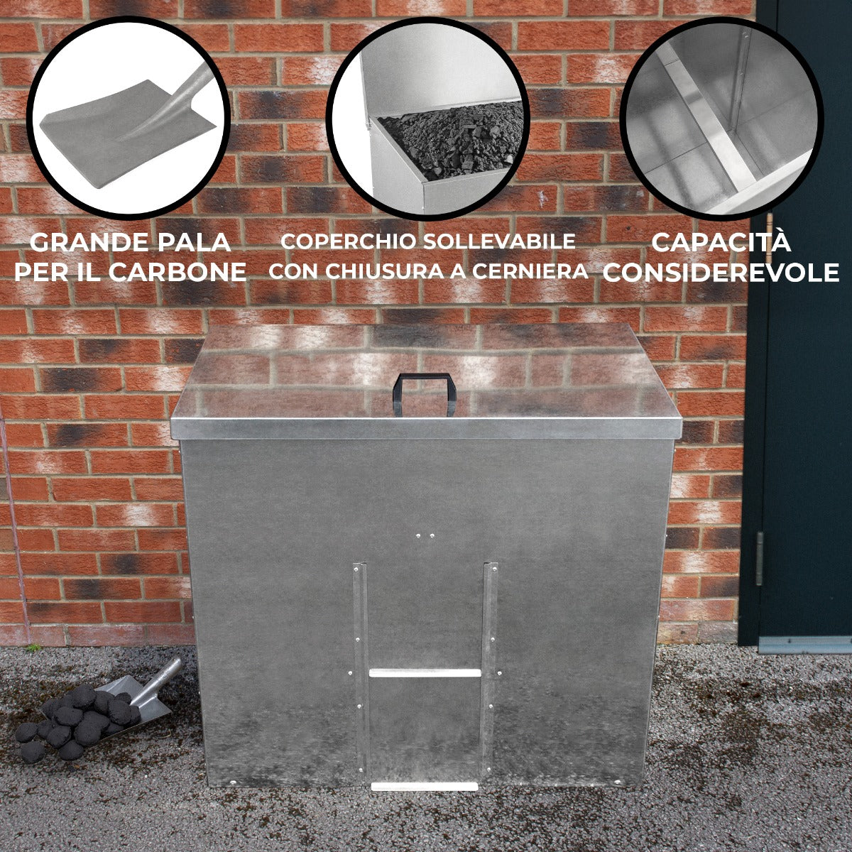 Bidone per il carbone - legna 500 kg in acciaio zincato Metallo antiruggine e anti roditore Porta legna