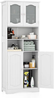 Armadietto Salvaspazio 60 x 30 x 148,5cm, Mobile Bagno con Scomparti Aperti, Scaffafli Regolabili e 2 Porte in Vetro Temprato, Armadio da Bagno per Ufficio, Soggiorno e Camera da Letto, Bianco