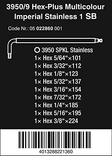Wera 3950-9 Hex-Plus Multicolour Imperial Stainless Assortimento di Chiavi a L in Pollici Acciaio Inox 9 Pezzi