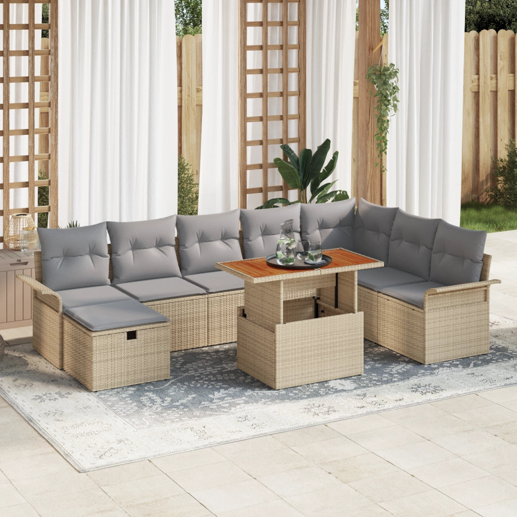Set Divano da Giardino  9 Pezzi con Cuscini Beige Polirattan