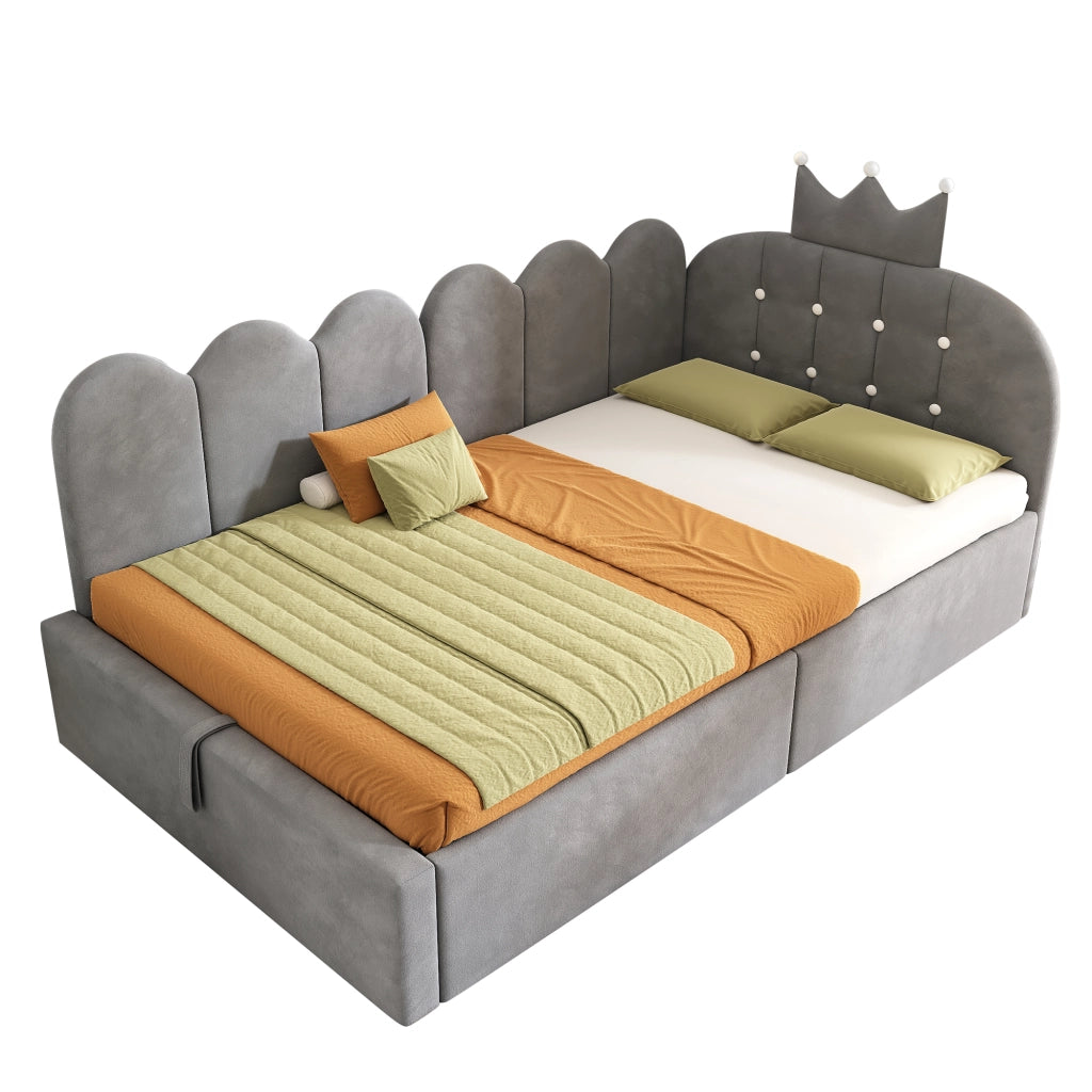 Letto divano 90 × 190 cm con contenitore idraulico e struttura a L reversibile, senza materasso, in velluto, grigio