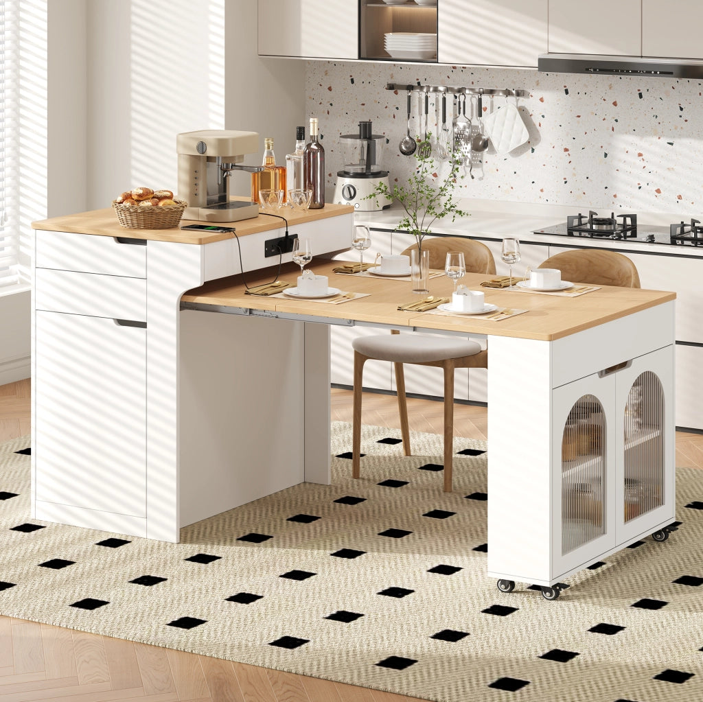 Isola cucina con ruote e piano estraibile, credenza con prese integrate e ante in vetro, bianco