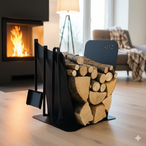 Portalegna per Camino da Interno con 3 Attrezzi 430X380X540 cm in Acciaio Crea Duna Nero